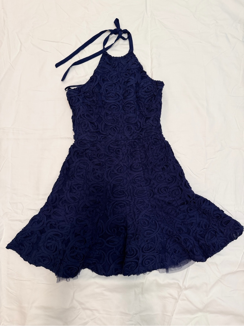 BCBG MaxAzria Basanti Navy Soutache Rosette Halter Fit & Flare Dress Sz 0